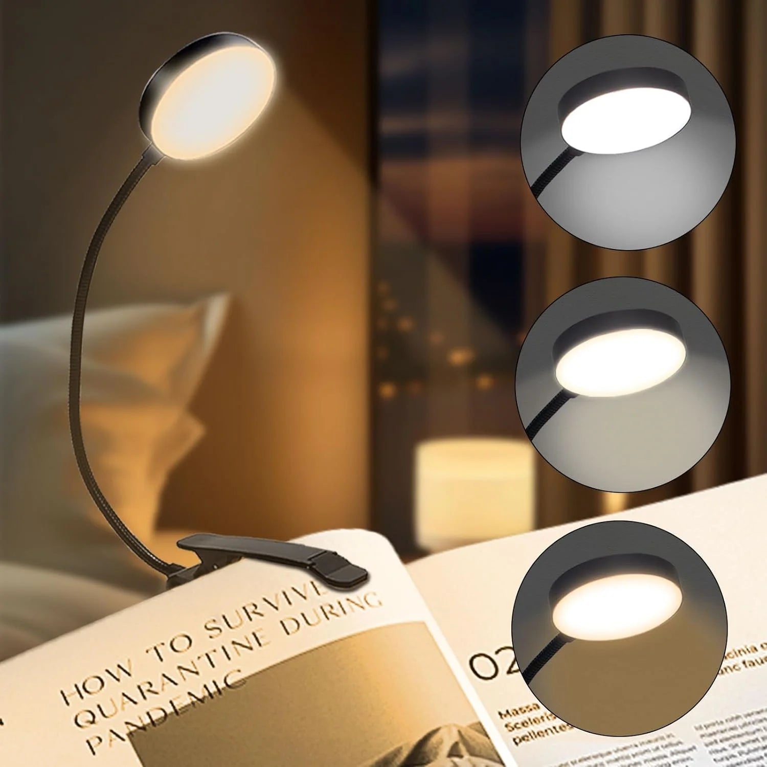 A round version of the clip-on LED reading light attached to a book on a nightstand, showing its three light modes.