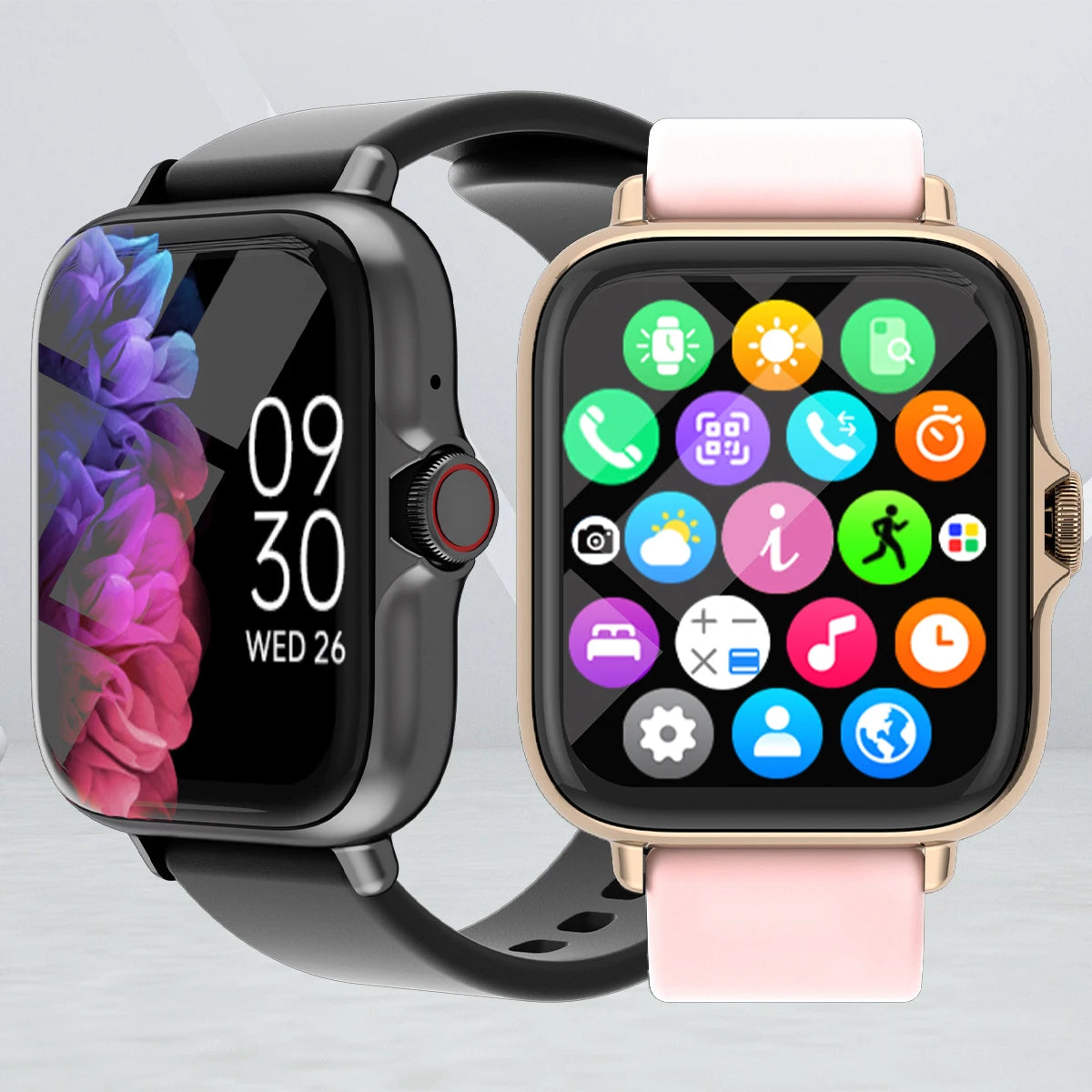 Two models of the 1.83-inch smartwatch, one in black and one in rose gold with a pink band, showing different screen interfaces.
