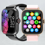 Two models of the 1.83-inch smartwatch, one in black and one in rose gold with a pink band, showing different screen interfaces.