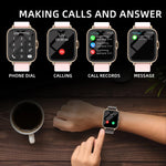 An infographic demonstrating the smartwatch's ability to make and answer calls, showing the phone dial, calling screen, call records, and message notifications.
