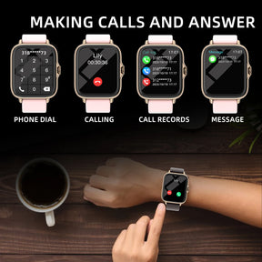 An infographic demonstrating the smartwatch's ability to make and answer calls, showing the phone dial, calling screen, call records, and message notifications.