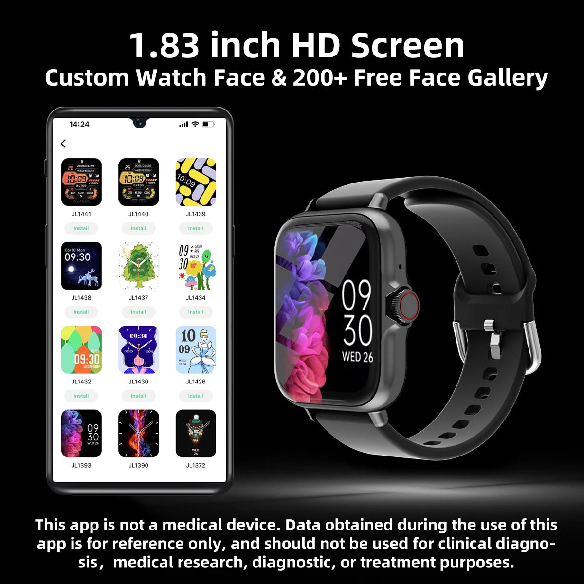 An infographic showcasing the smartwatch's 1.83-inch HD screen and the 200+ free custom watch faces available in the companion app.