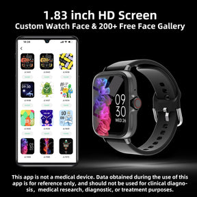An infographic showcasing the smartwatch's 1.83-inch HD screen and the 200+ free custom watch faces available in the companion app.