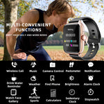 An infographic listing the smartwatch's multi-convenient functions, including wireless call, music control, camera control, pedometer, and multiple sports modes.