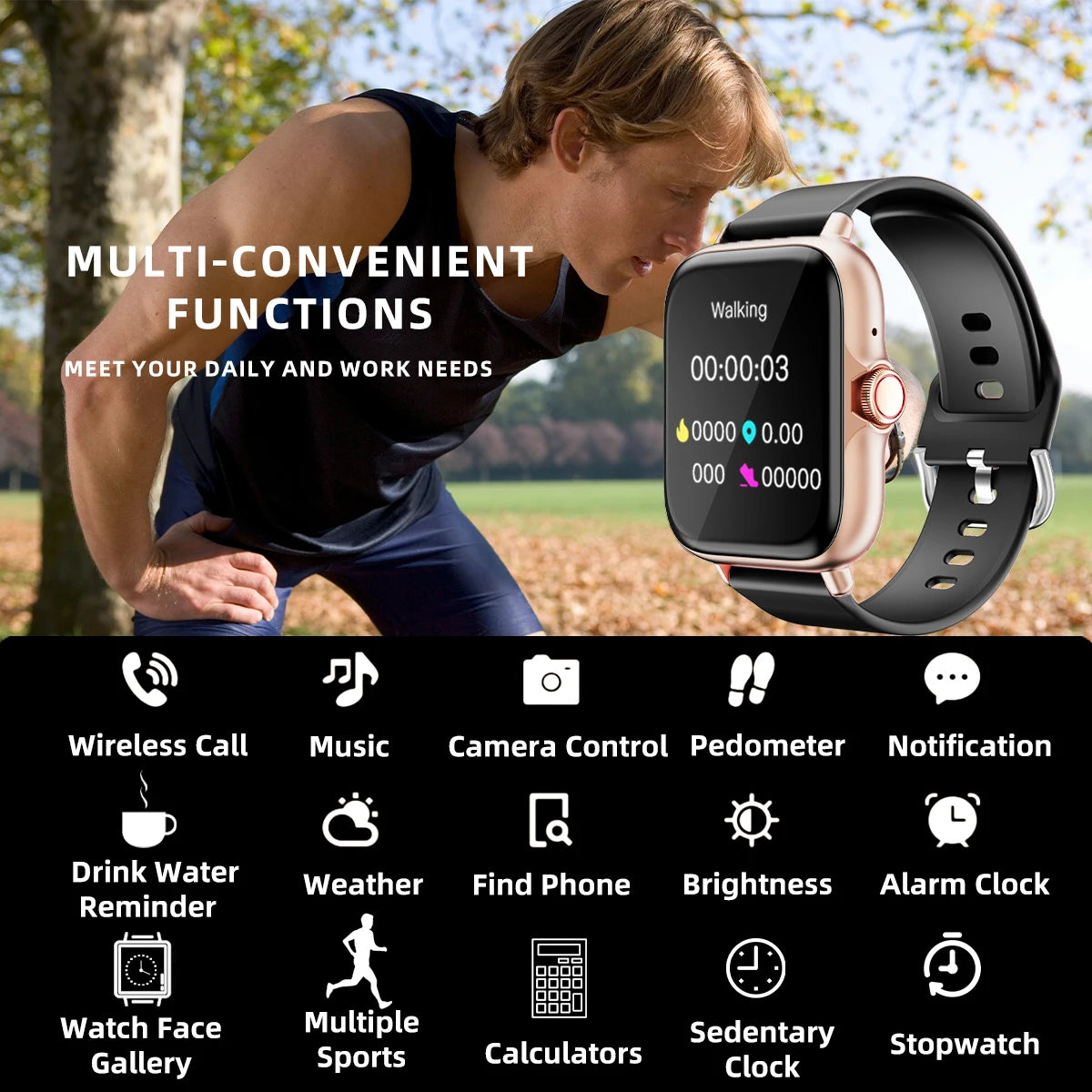 An infographic listing the smartwatch's multi-convenient functions, including wireless call, music control, camera control, pedometer, and multiple sports modes.