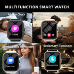 An infographic displaying the smartwatch's multifunction features, such as the alarm clock, music control, drink water reminder, and sedentary reminder.