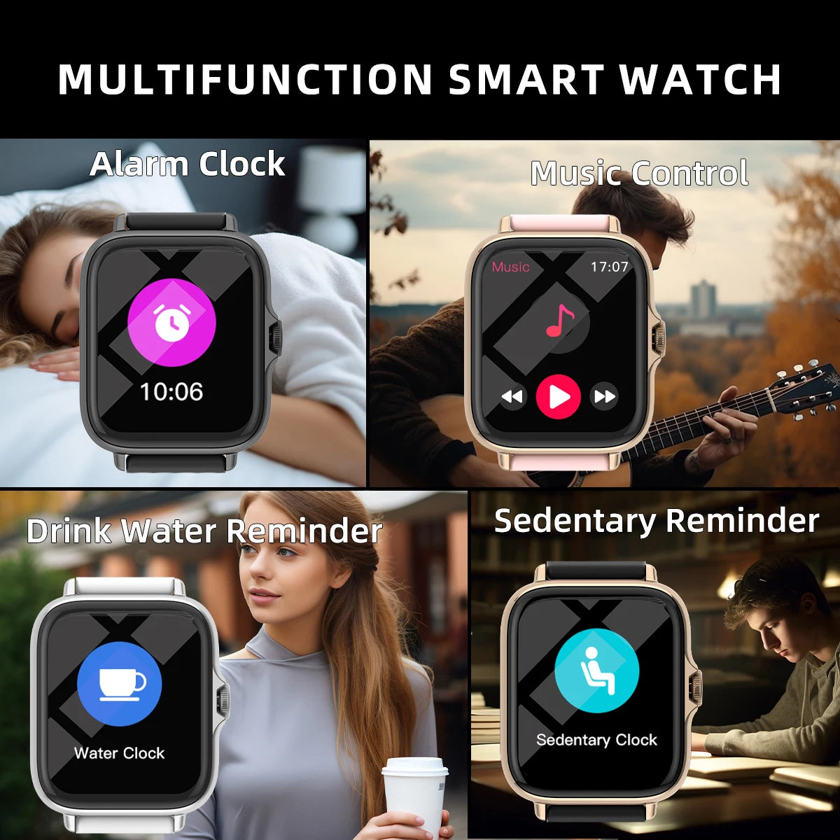 An infographic displaying the smartwatch's multifunction features, such as the alarm clock, music control, drink water reminder, and sedentary reminder.