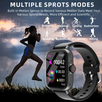 An infographic illustrating the smartwatch's multiple sports modes, including running, walking, cycling, badminton, and hiking.