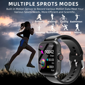 An infographic illustrating the smartwatch's multiple sports modes, including running, walking, cycling, badminton, and hiking.