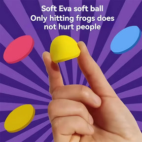 A close-up of a hand holding a soft yellow EVA foam disc, highlighting that the toy bullets are safe and do not hurt people.