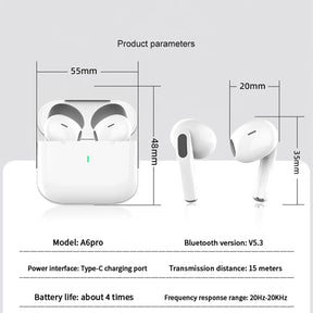 An infographic detailing the product parameters for the A6pro earbuds, including dimensions, Bluetooth V5.3, and a Type-C charging port.