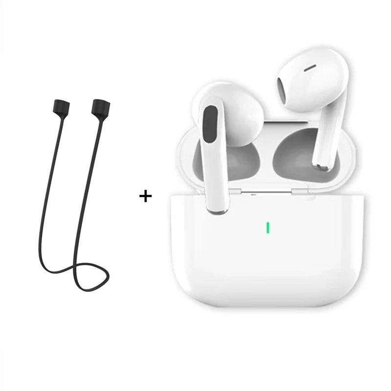 The TWS earbuds and charging case shown next to an included black lanyard.