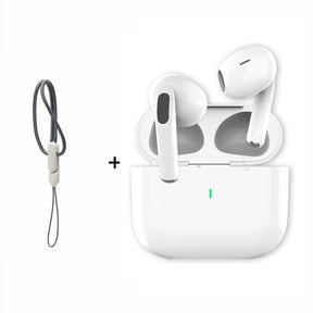 The TWS earbuds and charging case shown next to an included dark grey lanyard.