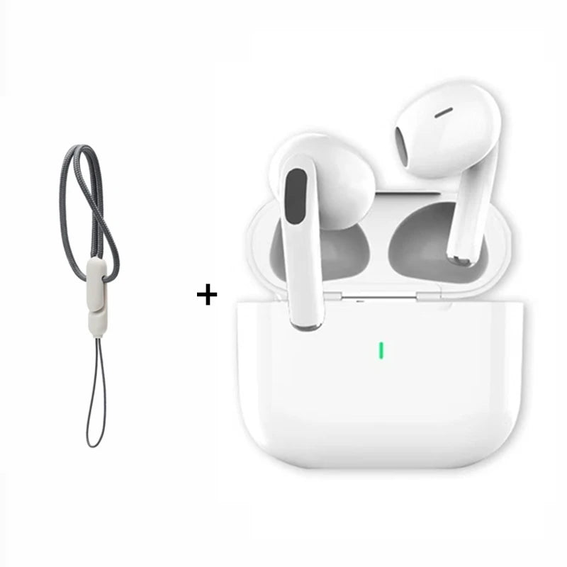 The TWS earbuds and charging case shown next to an included dark grey lanyard.