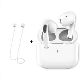 The TWS earbuds and charging case shown next to an included white lanyard.