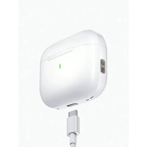 A close-up showing a USB-C cable being plugged into the charging port of the TWS earbuds case.