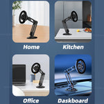 An infographic showing the versatility of the magnetic phone stand, with examples of its use in the home, kitchen, office, and on a car dashboard.