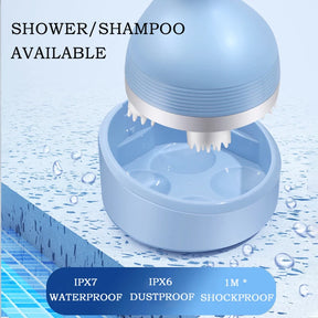 An infographic for the blue electric scalp massager, highlighting that it is IPX7 waterproof, dustproof, and shockproof, making it suitable for shower use.