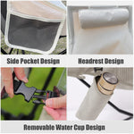 Close-up images of the Westtune camping chair's features: the side pocket, headrest design, and removable water cup holder.