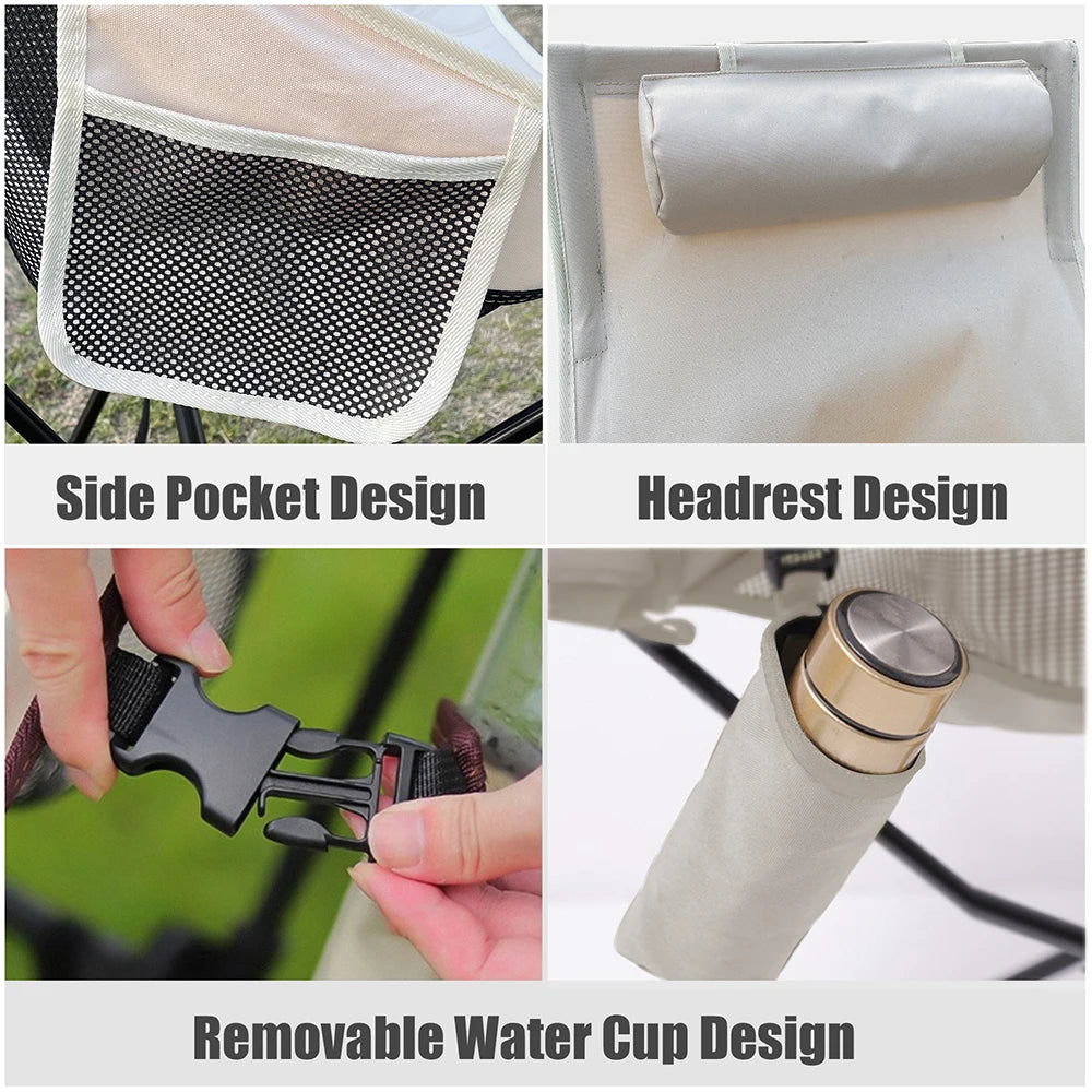 Close-up images of the Westtune camping chair's features: the side pocket, headrest design, and removable water cup holder.
