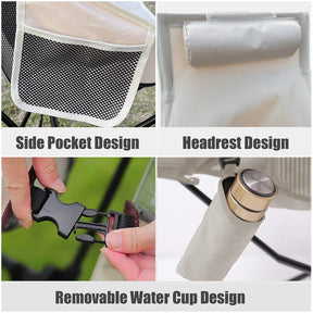 Close-up images of the Westtune camping chair's features: the side pocket, headrest design, and removable water cup holder.
