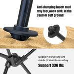 A close-up infographic of the Westtune camping chair's durable features, including the anti-dumping mud tray feet and the aluminum alloy support structure that holds 330 lbs.
