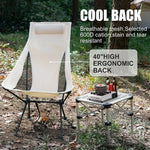 A lifestyle image of the Westtune camping chair set up outdoors, with text emphasizing its 40-inch high ergonomic back.