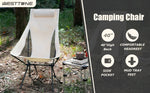 An infographic of the Westtune camping chair highlighting its 40-inch high back, comfortable headrest, side pocket, and mud tray feet.