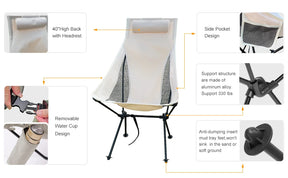 A diagram labeling the parts of the Westtune camping chair, including the headrest, side pocket, aluminum alloy support structure, and anti-sink mud tray feet.