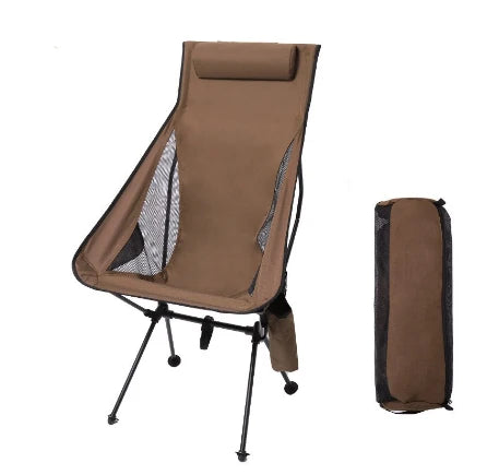 The Westtune portable folding camping chair shown in a brown color, next to its matching brown carry bag.