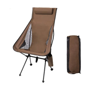 The Westtune portable folding camping chair shown in a brown color, next to its matching brown carry bag.
