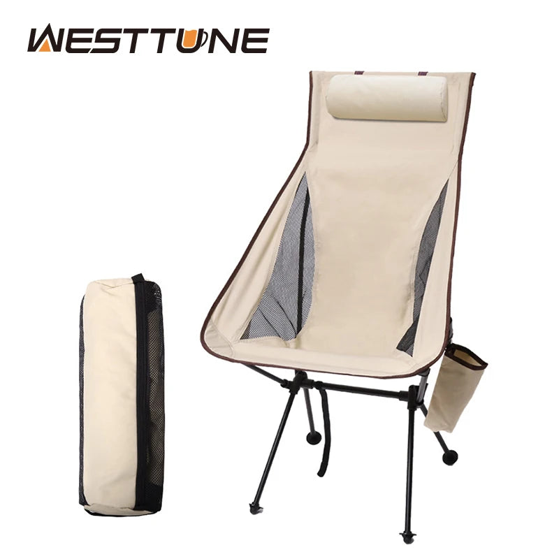 The Westtune portable folding camping chair in beige, shown next to its compact black and beige carry bag.