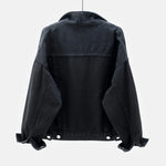 The back view of the women's oversized classic denim jacket in a classic black color.