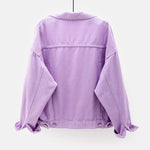 The back view of the women's oversized classic denim jacket in a pastel purple color.